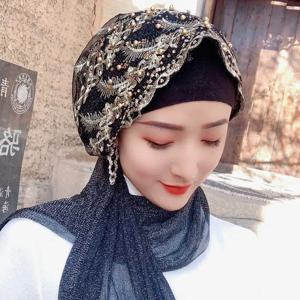 자수 구슬 여성용 터번 캡 착용 준비 완료 머리 스카프 랩 이슬람 Hijab 헤어 커버 캡 Pre-Tied Headscarf Hat