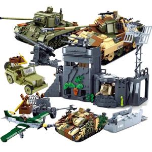 SLuban MOC WW2 시리즈 Normandy Landing P-51 Mustang Fighte 빌딩 블록 히긴스 착륙 공예 모델 벽돌 탱크 장난감 어린이를위한
