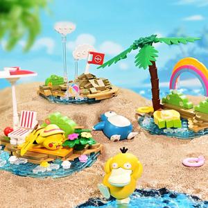 포켓몬 빌딩 블록 피카추 Psyduck 해변 파티 테마 장면 모델 벽돌 데스크탑 장식 장식품 어린이 DIY 장난감 선물