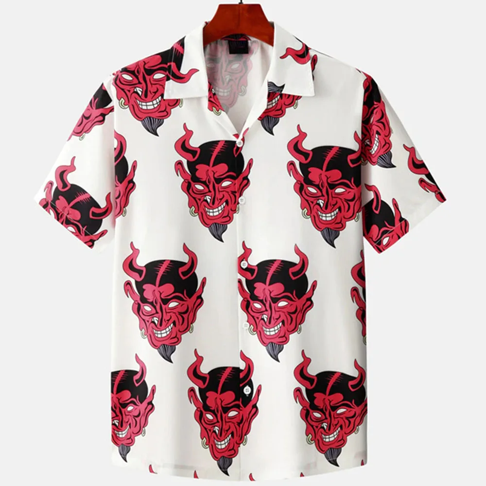 남성용 하와이 셔츠 쿠바 칼라 악마 프린트 남성 셔츠 streetwear 패션 여름 새로운 반팔 탑 남성 트렌디 의류