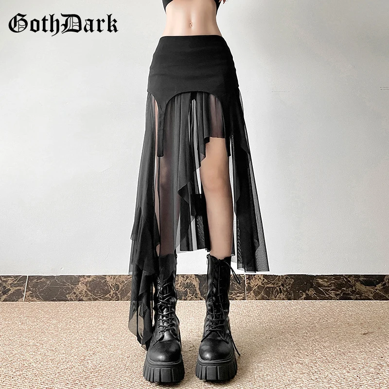 고스 다크 사이버 Y2K 불규칙한 밑단 미드 스커트 하라주쿠 패션 streetwear 메쉬 패치 워크 클럽 Alt Bottoms 여성용 펑크 스커트
