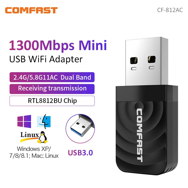 듀얼 밴드 무선 네트워크 카드, 와이파이 안테나, 노트북 데스크탑 PC용 와이파이 리시버, 1300Mbps, USB3.0, 2.4G 및 5GHz, 802.11AC