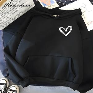 Hirsionsan Simplic 하트 프린트 여성 운동복 부드러운 캐주얼 루즈 빈티지 여성 후드 2024 겨울 따뜻한 양털 학생상의