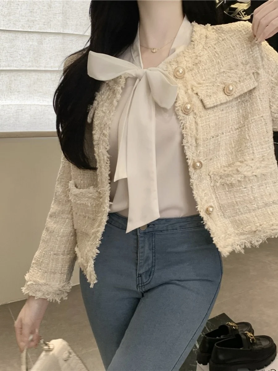 나나 가을 작은 향기 스타일 여성스러운 트위드 디자인 짧은 모직 코트 여성 패션 한국어 버전 슬림 피트 긴 소매