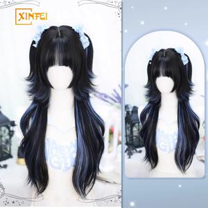 XINFEI 롱 로리타 옹 브르 하라주쿠 가발 Bang Blue Wave 곱슬 코스프레 가발 내열성 합성 해파리 머리 가발