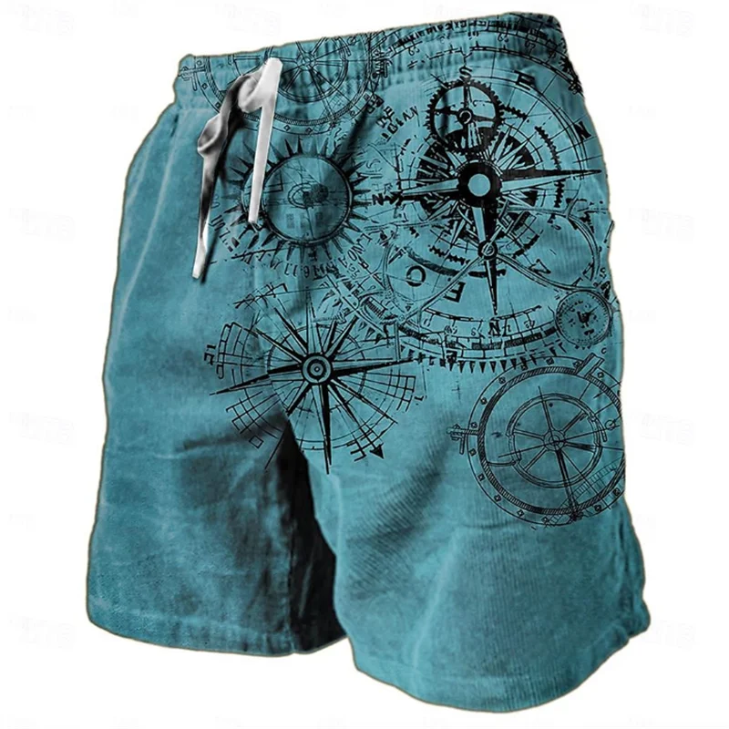 빈티지 나침반 패턴 비치 남성용 짧은 패션 트렌드 여름 3D 인쇄 수영 트렁크 느슨한 Drawstring streetwear 짧은 바지