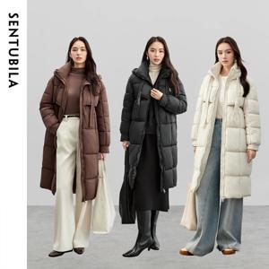 SENTUBILA 여성용 롱 파카 2024 겨울 패딩 코트 오버 사이즈 스탠드 넥 후드 지퍼 따뜻한 겉옷 여성 의류 W44M58169