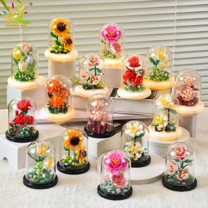 HUIQIBAO MOC 영원한 꽃다발 디스플레이 상자 마이크로 빌딩 블록 꽃 모델 DIY 홈 데스크 식물 장식 아이들을위한 벽돌 장난감
