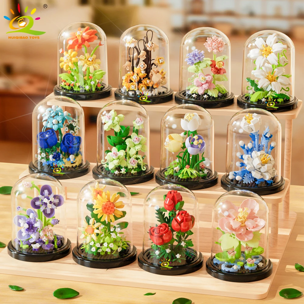 HUIQIBAO MOC 영원한 꽃다발 디스플레이 상자 마이크로 빌딩 블록 꽃 모델 DIY 홈 데스크 식물 장식 벽돌 장난감 Childre