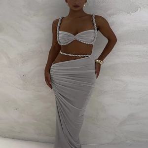 이상한 Puss 붕대 Ruched 2 조각 세트 여성 스퀘어 칼라 브래지어 + 스키니 롱 스커트 2025 여름 휴가 해변 파티 트렌드 정장