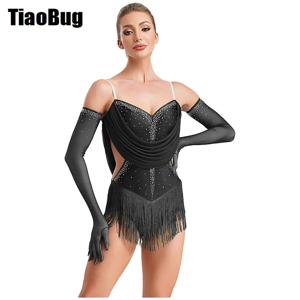 Womens Tassel 재즈 라틴 댄스 레오타드 드레스 윤기 나는 라인 석 조절 가능한 스트랩 컷 아웃 장갑이 달린 드리 워진 바디 수트