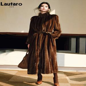 Lautaro 봄 겨울 긴 부드러운 두꺼운 따뜻한 갈색 가짜 밍크 모피 코트 여성 럭셔리 고품질 우아한 세련된 푹신한 오버 코트 2025