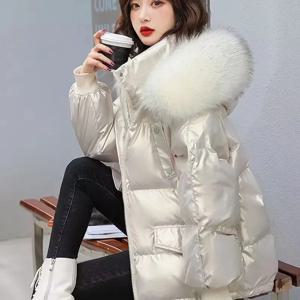 2025 따뜻한 덕 다운 재킷, 여성 의류, 광택 모피 칼라, 두꺼운 파카, 짧은 다운 코트, 여성 트렌드, 겨울 패션, 신상