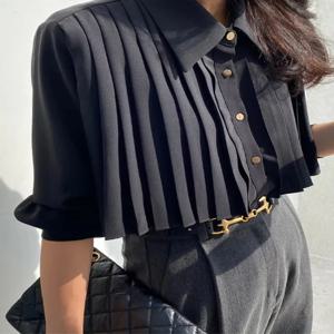 플리츠 블랙 셔츠 헤비 인더스트리 슬레 폴로 여성 K-슬레 스프링 폴드 블라우스 슬리시 숏 셔츠 하이웨이스트 올매칭 탑 2025