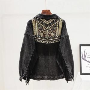 수동 리벳 꽃 자수 프린지 여성 데님 자켓 캐주얼 블랙 청바지 자켓 여성 코트 루즈 Chaquetas Mujer streetwear