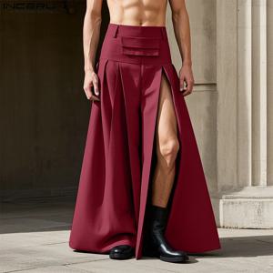 INCERUN 아메리칸 스타일 바지 패션 남성 성격 스플릿 플리츠 하프 바디 스커트 바지 남성 Clubwear Loose Solid Pantalons