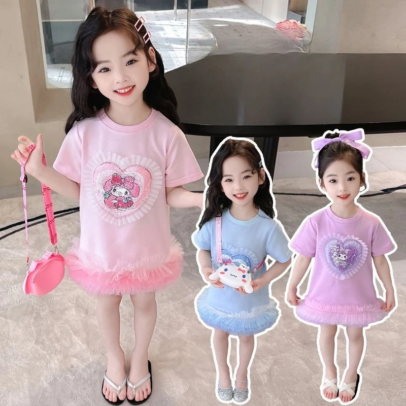 여름 키즈 여자 라운드 넥 하트 모양의 레이스 스팽글 Kuromi 인쇄 투투 드레스 어린이 스커트 파티 사진 공주님 드레스