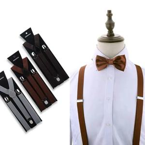 멜빵 남자 Bowtie 솔리드 컬러 탄성 PU 가죽 멜빵 남자 벨트 조절 스트랩 웨딩 보우 타이 액세서리