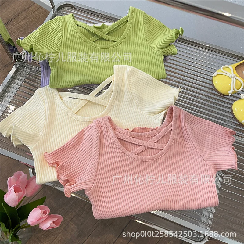 여자 티셔츠 여름 어린이 반팔 얇은 소프트 탑 단순 솔리드 컬러 캐주얼 아동 의류 2-6 년 Sweet Shirtthing
