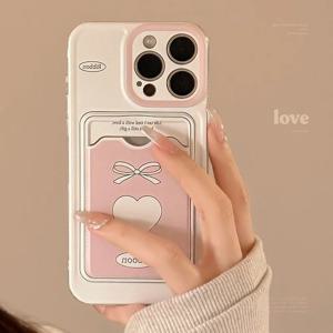 귀여운 리본 하트 카드 수납 카드지갑 케이스 (아이폰 16, 15, 14, 13, 12, 11 Pro Max, 7, 8 Plus, X, XS, XR, XS Max) 낙하 방지 지갑형 커버