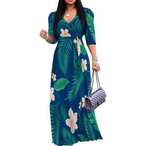 여성용 V 넥 맥시 드레스 프릴 3/4 슬리브 꽃무늬 드레스 웨딩 게스트 Sundress with Belt