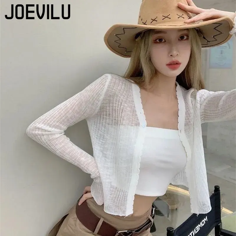 JOEVILU 얇은 선 스크린 셔츠 여성 여름 겉옷 자르기 탑 속이 빈 흰색 긴팔 카디건 우아한 캐주얼 숄 코트