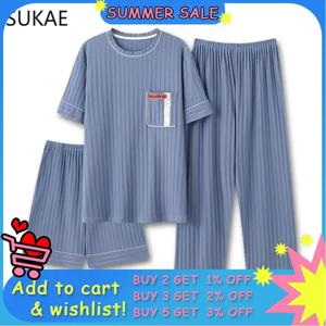SUKAE 남성용 파자마 세트, O넥 조끼, 니트 반바지, 인조 면, 레저 라운지웨어, 캐주얼 하의, 여름 신상