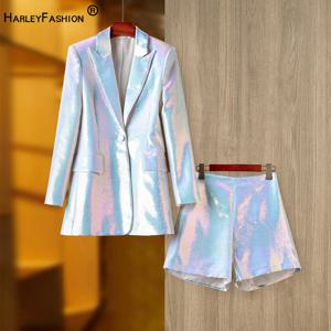 파티 저녁 디자인 빛나는 블링 2PCS 화이트 블레이저 반바지 정장 유럽 아메리칸 스타일 스팽글 트윈 세트 고품질