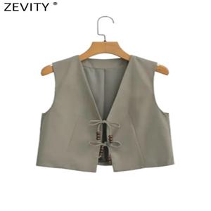 Zevity 여성 패션 V넥 비즈 레이스업 짧은 린넨 조끼 재킷, 오피스 레이디 민소매 비즈니스 조끼, 시크한 상의 CT4714