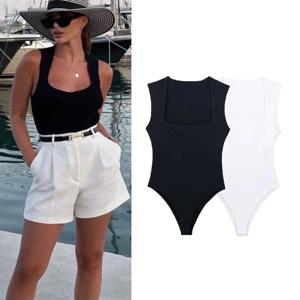 TRAF 여성 블랙 바디 민소매 바디 슈트 여성 스퀘어 넥 섹시한 란제리 여성용 바디 와이드 스트랩 Bodycon Summer 2023 Tops