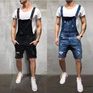남성 오버올 Playsuits 데님 원피스 청바지 반바지 Rompers Washing Slim Fit Holes Pockets Distressed Spliced ​​Street 2024