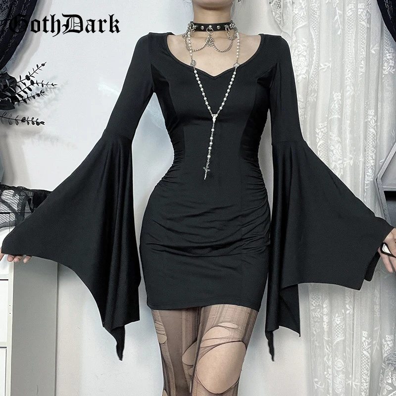 고스 다크 Cospaly Partywear 여성 패션 Batwing 슬리브 미니 드레스 우아한 슬림 Pleat Bodycon 드레스 몰 고딕 Alt Teachwear