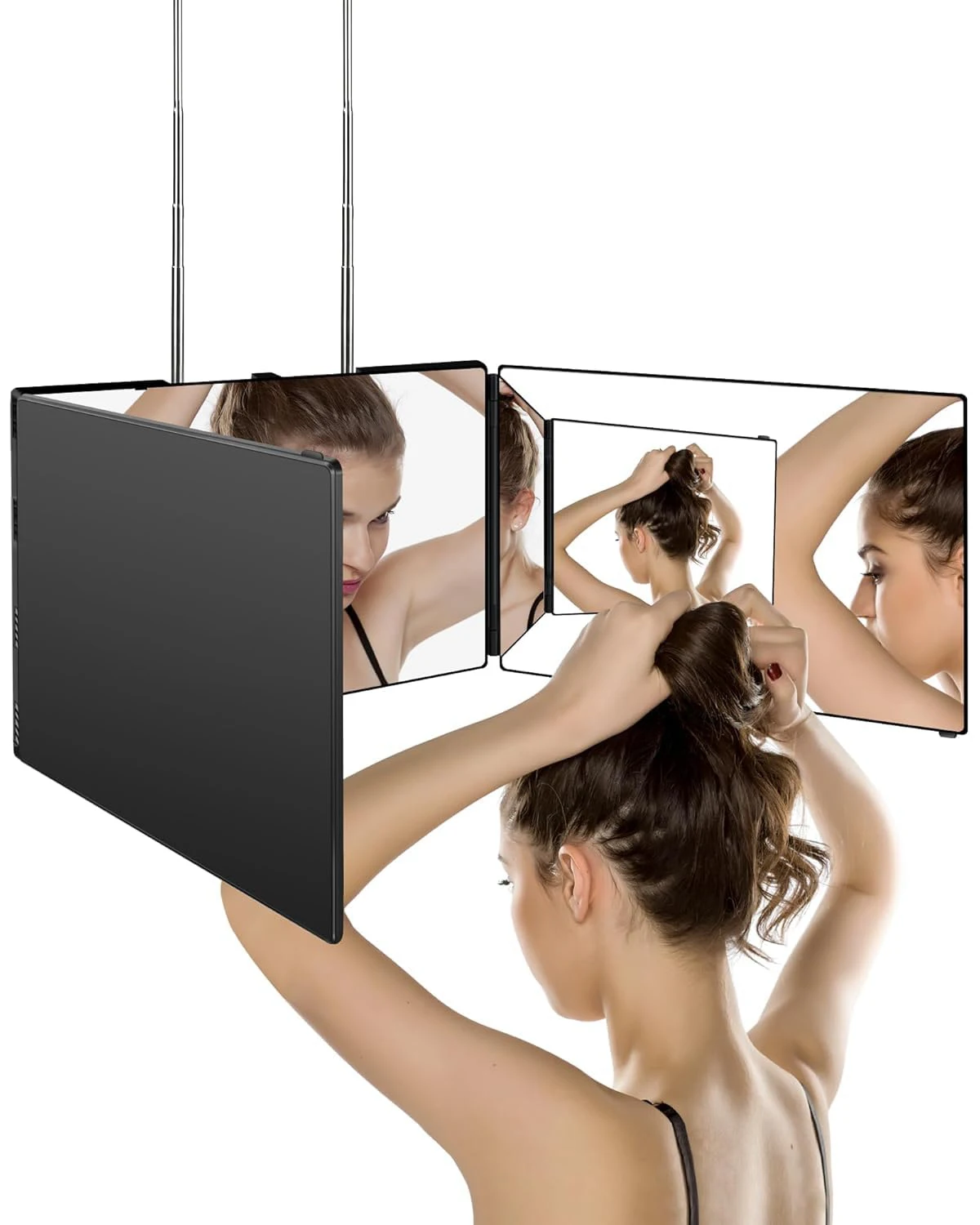360 Trifold Mirror 휴대용 높이 조절 가능 텔레스코픽 후크 자기 헤어 커팅 메이크업에 이상적 필수 Fordable