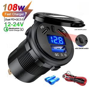 12V USB 콘센트 108W 듀얼 PD USB-C 포트 고속 충전 3.0 차량용 USB 충전기 소켓 방수 전원 콘센트 전압계 스위치 포함