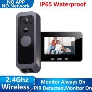 2.4Ghz 무선 비디오 초인종 IP65 야외 모니터링 양방향 오디오 인터콤 도어 카메라 PIR 모션 감지 4' IPS 스크린