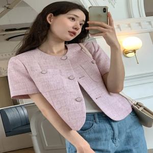 세련된 여름 달콤한 작은 향기 라운드 넥 혼합 색상 디자인 버튼 느슨한 캐주얼 다목적 짧은 소매 자켓 여성