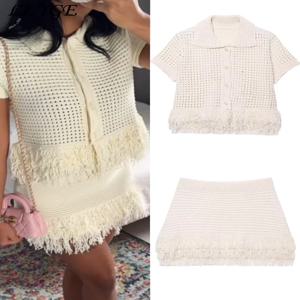 니트 술 가디건 미니 스커트 세트 여성 속이 빈 싱글 브레스트 가디건 짧은 a 라인 스커트 2025 Spring Lady Chic Outfit