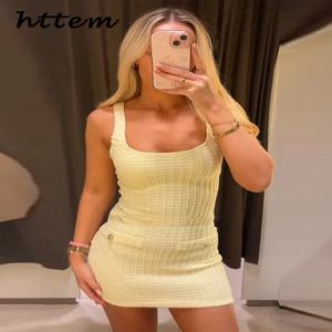 섹시한 니트 늑골이있는 짧은 드레스 여성 슬림 스퀘어 칼라 백리스 민소매 비치 드레스 2025 Summer Lady Yellow Holiday Robe