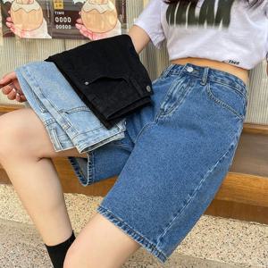 빈티지 하이 웨스트 스트레이트 데님 반바지 여성 기본 5 점 와이드 레그 반바지 여성용 2025 한국어 포켓 짧은 청바지 여성