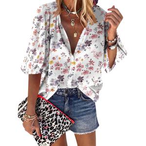 Womens Button Down Little Dainty 플라워 패턴 셔츠 3/4 슬리브 Dressy 캐주얼 탑 Pleated Business Floral Blouses 2025