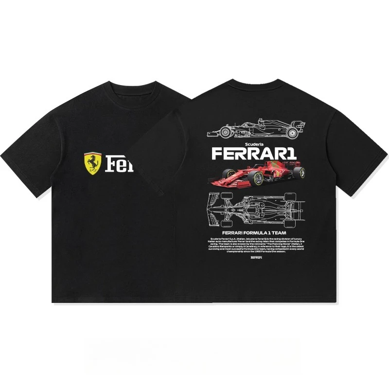 F1 페라리 팀 레이스 유니폼 프린트 아메리칸 헤비 코튼 반소매 티셔츠 남성 의류 여름 스포츠 캐주얼 반소매