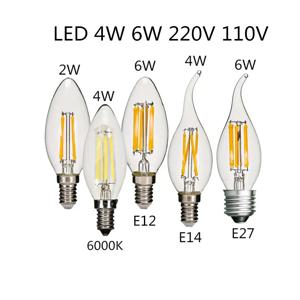 10PCS LED 전구 C35 E14 E12 E27 220V 110V 디밍이 가능한 2W 4W 6W 디자인 에너지 절약 촛불 따뜻한 흰색 필라멘트 빛 360 학위 램프