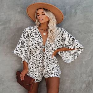 Leopard Bowknot 와이드 레그 롬퍼 오버올 캐주얼 루즈 여름 V 넥 Playsuits 짧은 점프 슈트 포켓 원피스 점프 슈트 A1430