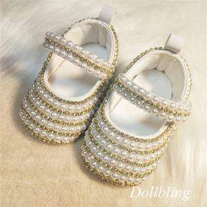 Dollbling 공주 소녀 미색 진주 순차 라인 석 편안한 부드러운 면 내부 후크 및 루프 유아용 침대 신발