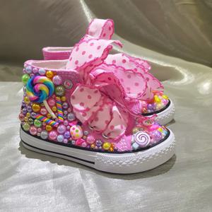 무작위 롤리팝 레인보우 캔디 캔버스 시뮬레이션 DIY 어린이 진주 운동화 소녀 생일 파티 Dollbling 수제 블링 신발