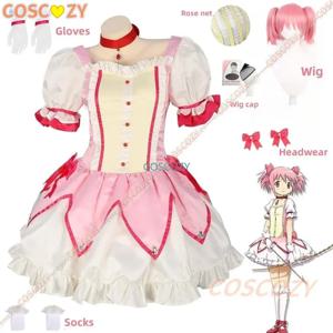 애니메이션 마법 소녀 Kaname Madoka 코스프레 의상 카와이 로리타 파티 카니발 핑크 드레스 짧은 가발 아이돌 Puella Magi Madoka