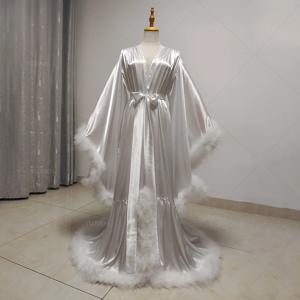 여성용 맞춤형 로브, 플레어 슬리브, 깃털 신부 로브, 잠옷, 실크 새틴, 웨딩 파티 드레싱 가운, 사진 원피스