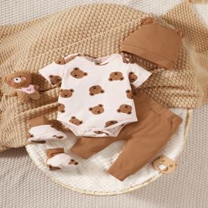 4PCS 의류 세트 0-9 개월 신생아 아기 소년 곰 짧은 소매 Romper + 바지 + 모자 + 양말 유아 아기 보름달 사진 의상