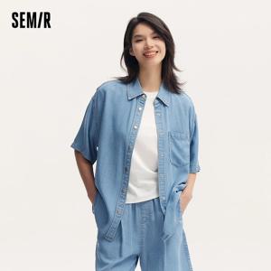 여성용 세미 데님 셔츠, 중간 길이 드롭 숄더, 루즈핏 반팔, 부드러운 데님 블라우스, 편안한 캐주얼, 2024 여름 신상