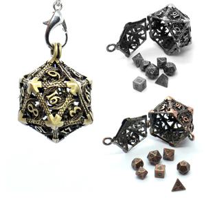 D20 금속 중공 상자 + 7pcs 금속 주사위 세트, 휴대용 보드 게임 주사위 미니 키트